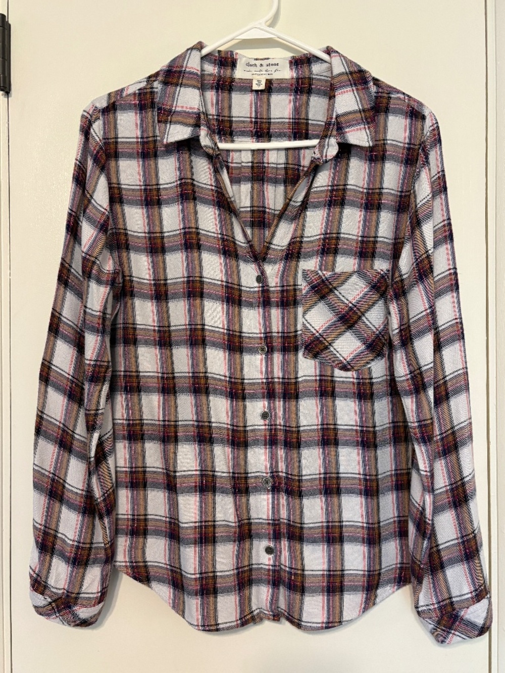 Cloth & Stone Anthropologie Women's Plaid Metallic Lurex Button Down Shirt Top L